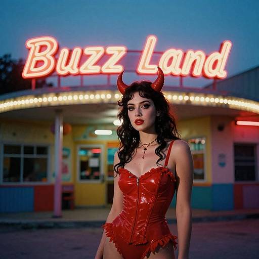 Photograph of a woman with red devil horns, wearing a shiny red leather corset and lace lingerie, standing in front of a neon-lit 