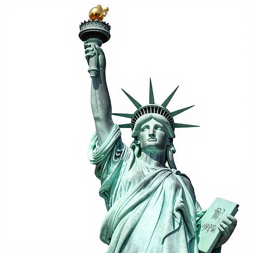 Photograph of the Statue of Liberty, raising her torch high, with crown and flowing robes, holding a tablet in her other hand. White background.