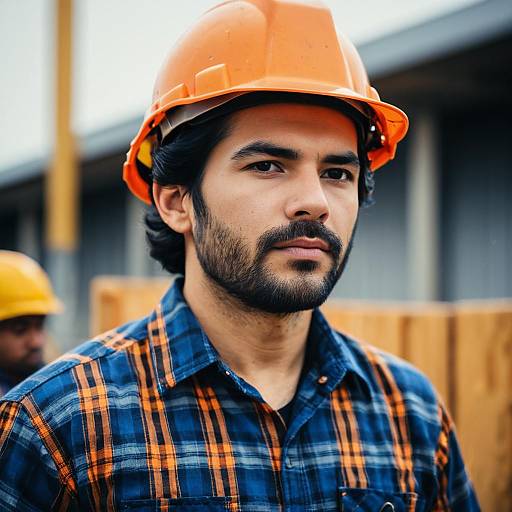 Construction Worker in Orange Helmet and Plaid Shirt