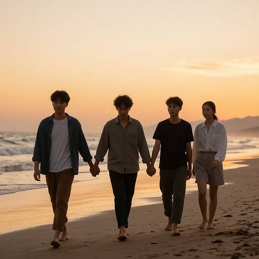 Photograph of four Asian friends walking hand-in-hand on a beach at sunset, silhouetted against a golden-orange sky, wearing casual clothes.