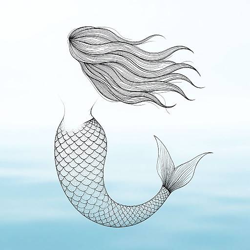 Elegant Mermaid Ink Outline Art