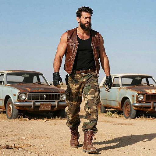 Photograph of a muscular, bearded man with dark hair, wearing a brown leather vest, black tank top, camouflage pants, and brown boots,