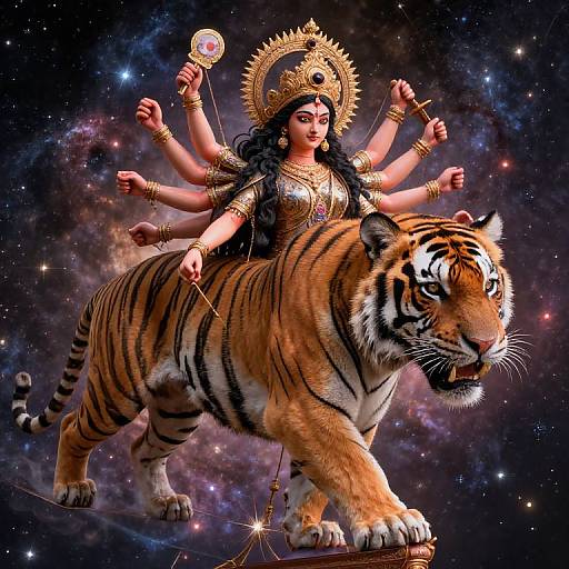 Digital art of Durga riding a tiger, multi-armed goddess in golden crown and jewelry, cosmic background with stars. Vibrant, dynamic, and