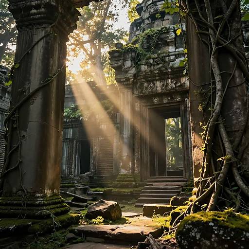 Photograph of sunlit, ancient, moss-covered stone temple ruins, with beams of sunlight streaming through tall trees, surrounded by dense forest.