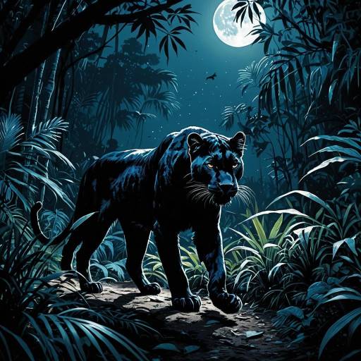 Black Panther Prowling in Moonlit Jungle
