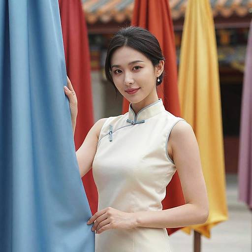 Photograph of an Asian woman with fair skin, black hair in a bun, wearing a white sleeveless cheongsam, standing between blue and red