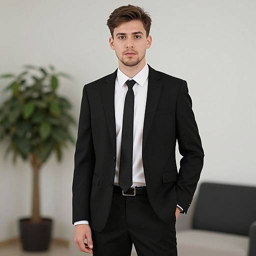 Photograph of a handsome, young Caucasian man with short brown hair and a beard, wearing a black suit, white shirt, and black tie, standing
