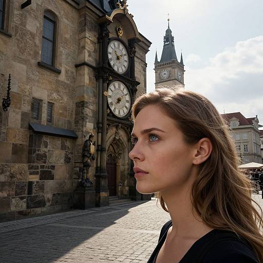 Photograph of a serious, blue-eyed, brown-haired woman in profile, standing in front of a historic, clock-tower building with stone architecture.