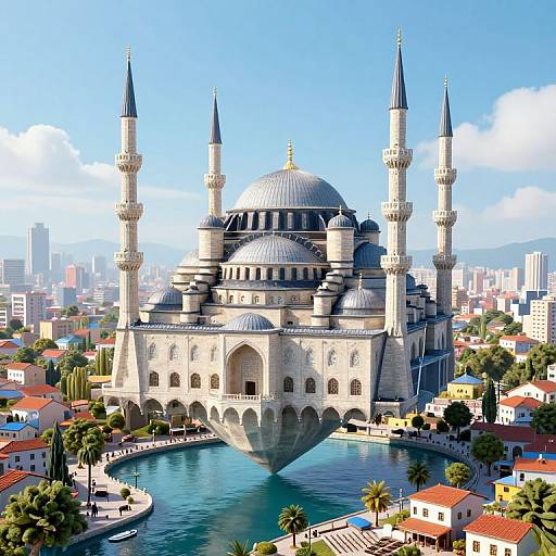 Photorealistic CGI of Istanbul's Blue Mosque, showcasing its grand domes, minarets, and reflective waterway surrounded by colorful city buildings.