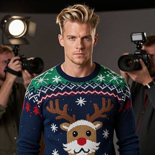 Photograph of a handsome, blond-haired man with blue eyes, wearing a Christmas-themed navy sweater with reindeer and snowflakes, standing in front