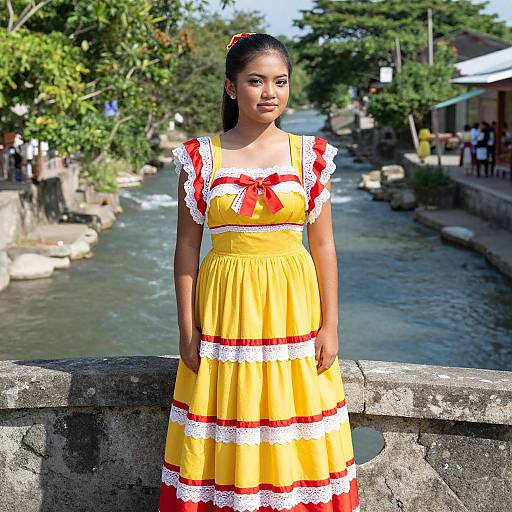 Photograph of an Asian woman with black hair in a yellow dress with red and white lace, standing by a river in a sunny, green park.