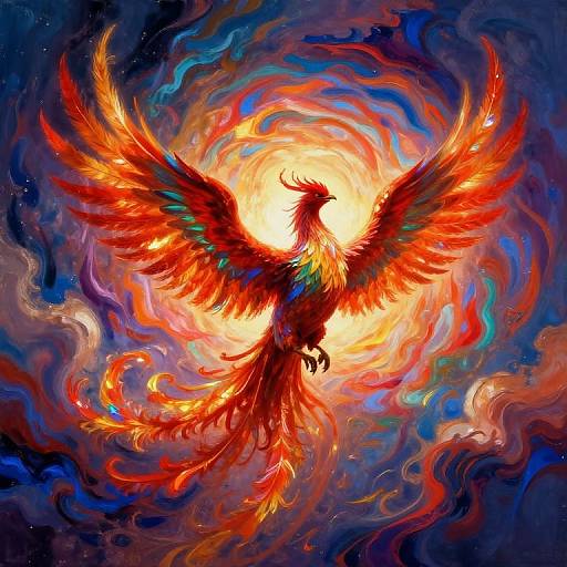 Vibrant digital painting of a fiery, red and orange phoenix with outstretched wings, surrounded by swirling, colorful cosmic clouds.