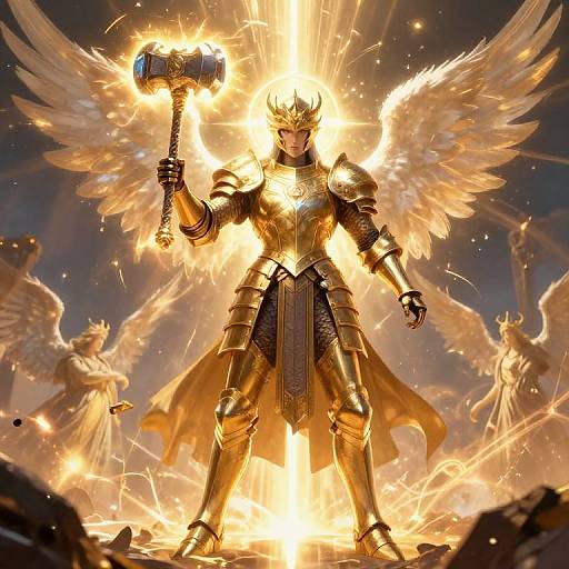 Digital art of a golden-armored, winged warrior angel with a fiery crown, holding a glowing hammer, standing amid radiant light. Background features eth