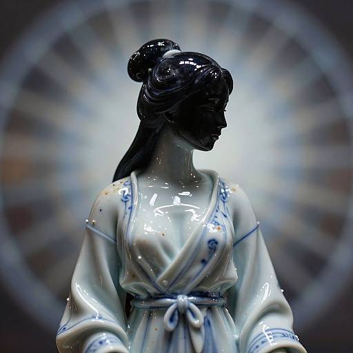 Photograph of a glossy, black and white ceramic statue of an Asian woman in a traditional kimono, with a radiant blue and white halo-like background