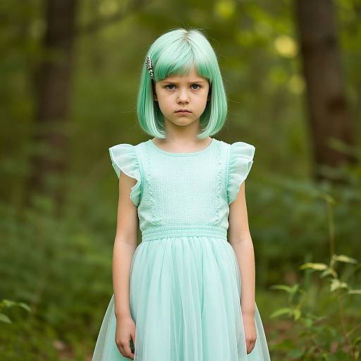 Photograph of a young girl with mint green bob haircut, wearing a white, lace-trimmed dress, standing in a lush forest.