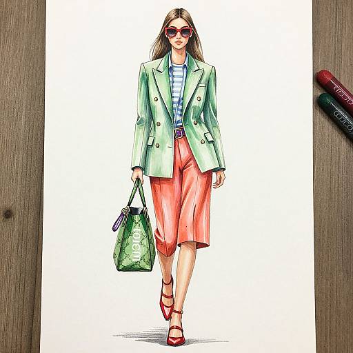 Digital illustration of a stylish woman in a mint green blazer, coral pants, red heels, and sunglasses, carrying a green tote.