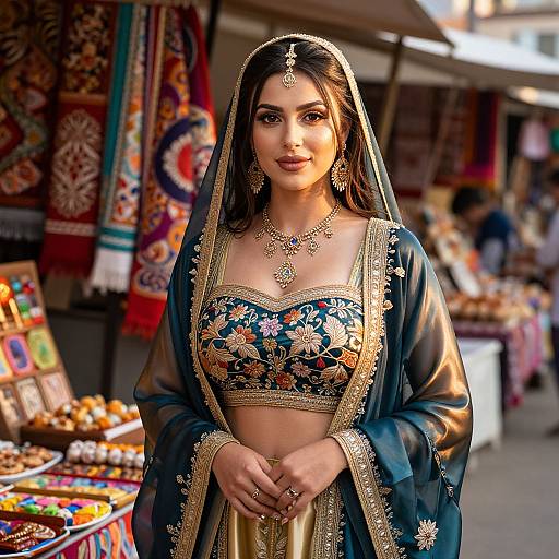Photograph of a beautiful South Asian woman in a blue floral embroidered traditional outfit, gold jewelry, and veil, standing in a vibrant market stall with colorful