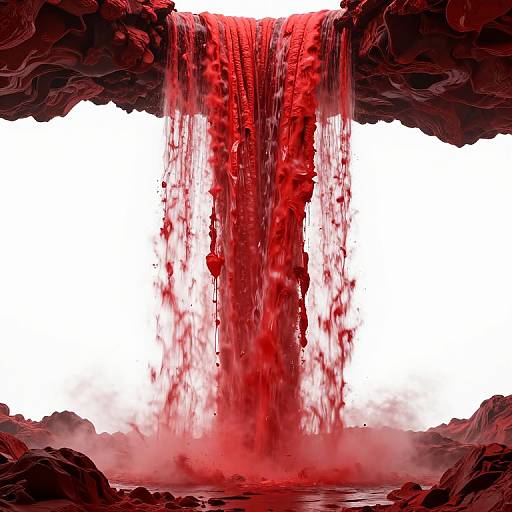Digital artwork of a vivid red waterfall cascading down dark, rocky cliffs with a bright white background, creating a stark contrast.