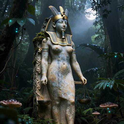 Bioluminescent Maat Statue in Misty Jungle