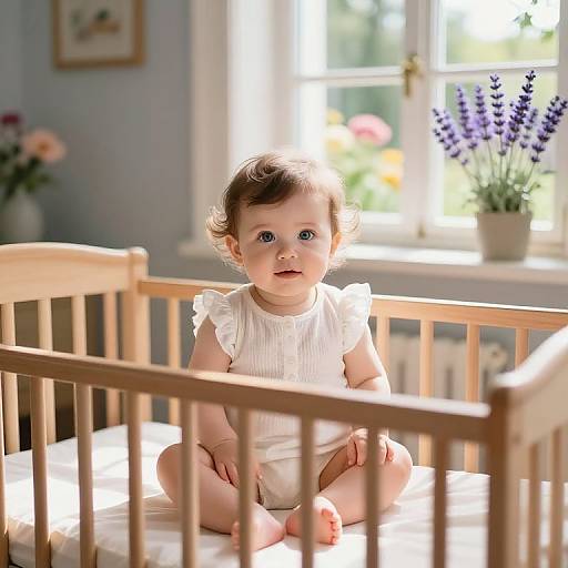 Photograph of a curly-haired baby with blue eyes sitting in a wooden crib, wearing a white sleeveless dress, in a sunlit nursery with lavender