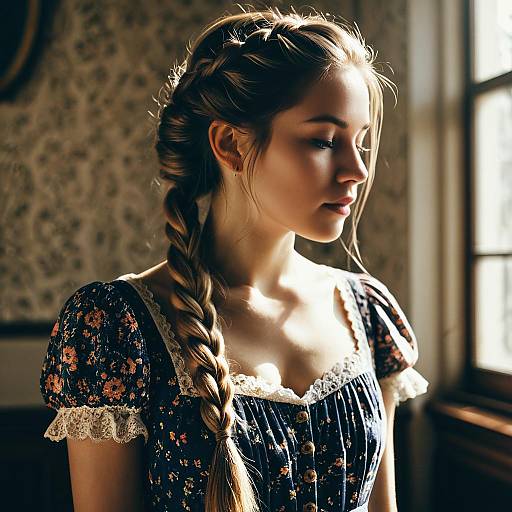 Woman with Lace Braid in Vintage Floral Dress