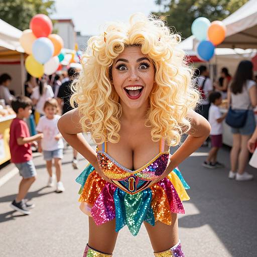 Photograph of a blonde woman with curly hair, large breasts, colorful sequin dress, and heart-shaped hands, excitedly smiling at a festive outdoor