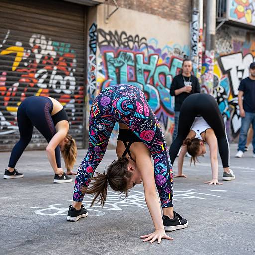 Photograph of four women in colorful, patterned leggings and black tops, bending over in a street workout pose, surrounded by vibrant graffiti on a city