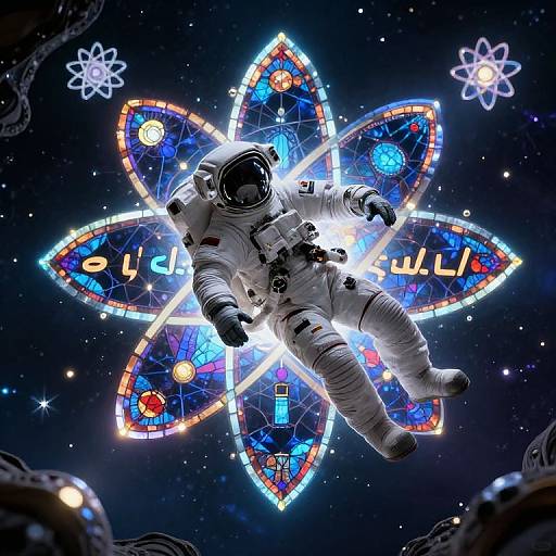 Digital artwork of an astronaut in a white spacesuit floating in space, surrounded by a glowing, colorful atomic structure with neon-like elements against a starry