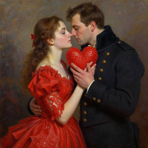 Romantic oil painting of a fair-skinned woman in a red lace dress and a dark-haired man in a black military uniform, kissing noses while holding