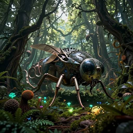 Digital artwork of a futuristic, metallic insect with glowing lights, standing in a dense, enchanted forest of mushrooms and bioluminescent plants.