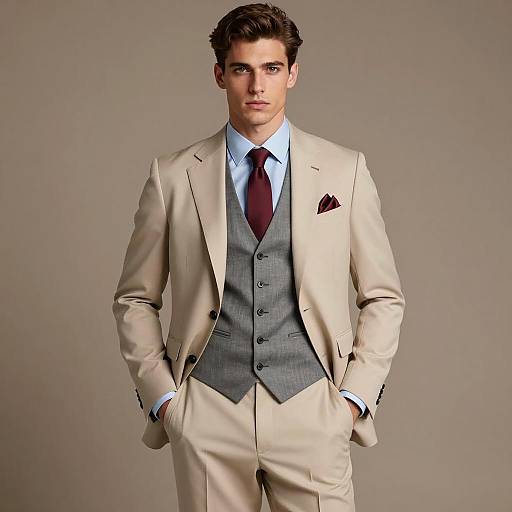 Elegant Man in Beige Suit with Vest