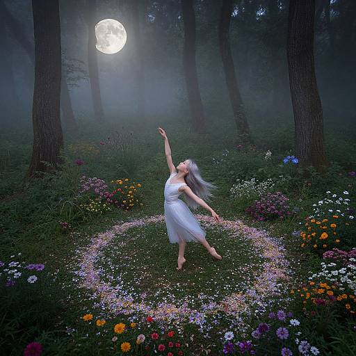 Photograph: A barefoot woman in a white dress dances under a full moon in a misty, flower-filled forest, surrounded by colorful wildflowers