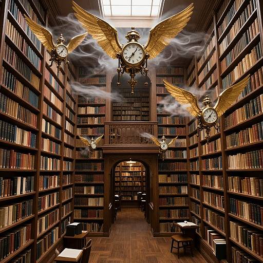 Photograph of a grand, dimly lit library with wooden bookshelves, golden winged clock faces, and wisps of smoke, creating a