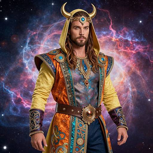 Photograph of a bearded man with long brown hair, wearing a horned helmet, colorful medieval-style armor, and a cosmic nebula background.