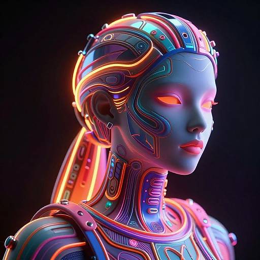 Neon-lit, cybernetic female portrait with glowing blue skin, orange eyes, and intricate, colorful circuitry on her head and neck,