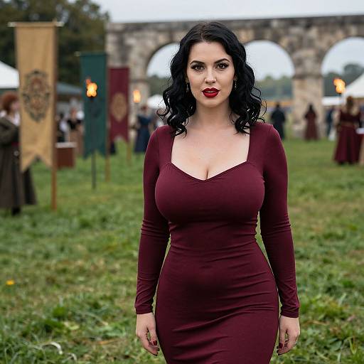 Photograph of a curvy, fair-skinned woman with black wavy hair, wearing a tight, maroon dress with a square neckline, standing