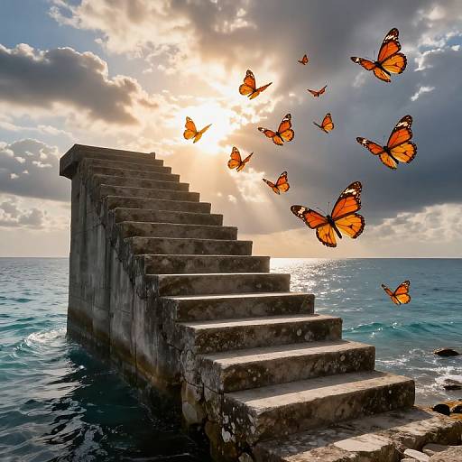 Photograph of a weathered stone staircase leading into a sunlit ocean, with vibrant orange butterflies flying around it against a dramatic cloudy sky.