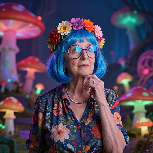 Photograph of an elderly woman with blue bobbed hair, flower crown, glasses, floral dress, thinking pose, surrounded by glowing mushrooms in a colorful