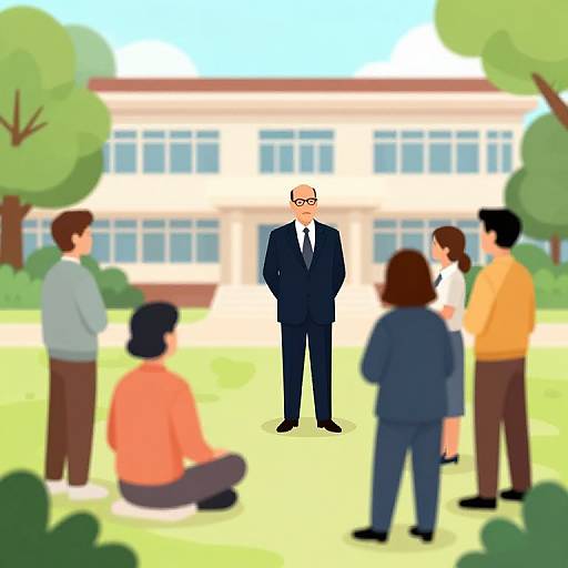 Digital illustration of a suited man standing in a grassy park, surrounded by six casually dressed people, with a blurred building and trees in the background.