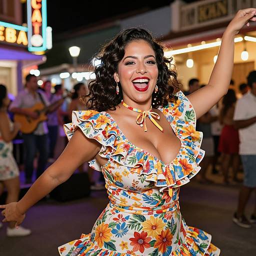 Photograph of a smiling, curvy Latina woman with dark curly hair, wearing a vibrant floral dress with ruffled sleeves, dancing energetically in