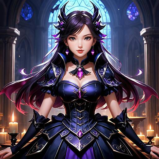 Digital fantasy artwork of a beautiful, dark-haired woman in elaborate black and purple gothic armor, standing in a dimly lit cathedral with candles and stained