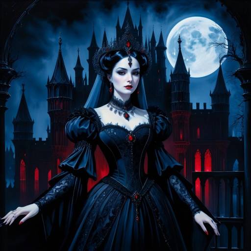 Gothic Noblewoman in Black Dress at Moonlit Castle