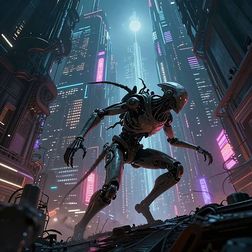 Digital art of a cybernetic Xenomorph in a neon-lit, futuristic cityscape with tall skyscrapers, glowing signs, and dark