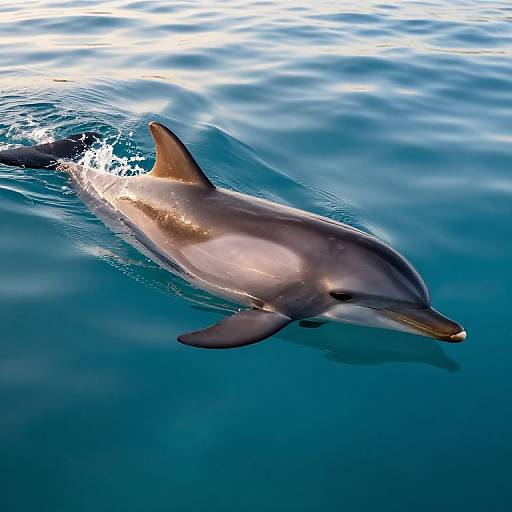 Photograph of a sleek dolphin swimming in clear, blue ocean water, with sunlight reflecting off its gray and white body.
