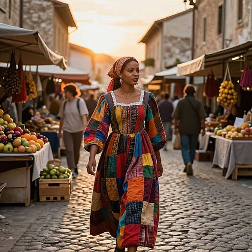 Photograph of an African woman in a vibrant, multicolored patchwork dress and headscarf, walking through a lively, sunlit, cob