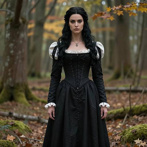 Woman in Renaissance Black Dress in Forest