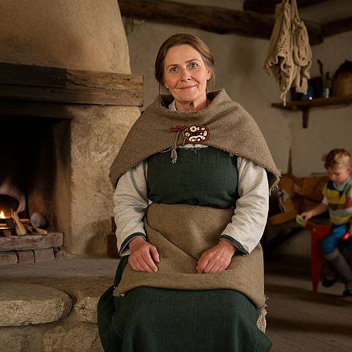 Photograph of a smiling middle-aged woman in 18th-century-style dress with brown shawl, sitting by a stone fireplace in a rustic, wooden