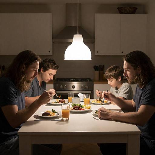 Dimly Lit Kitchen Family Dinner