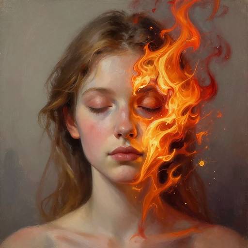 Digital painting of a serene young woman with closed eyes, half-face engulfed in vibrant orange flames, brown hair, bare shoulders, against a gray background