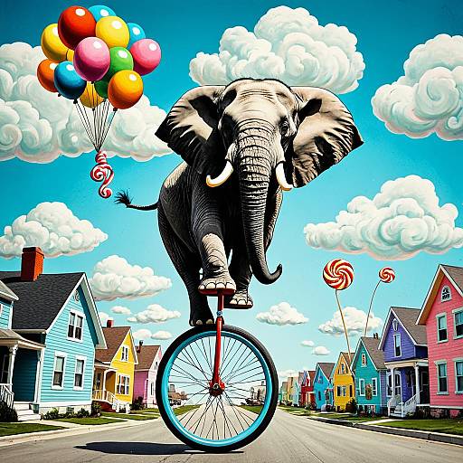 Elephant on Unicycle in Candy-Colored Neighborhood